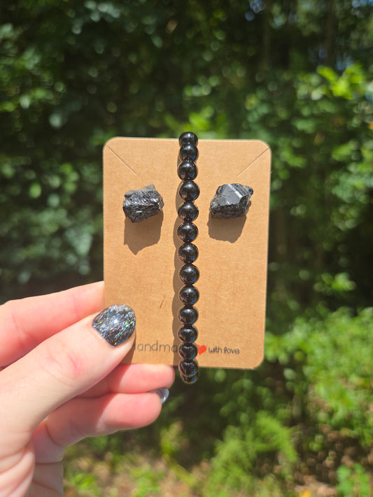 Black Tourmaline Earrings & Bracelet Set